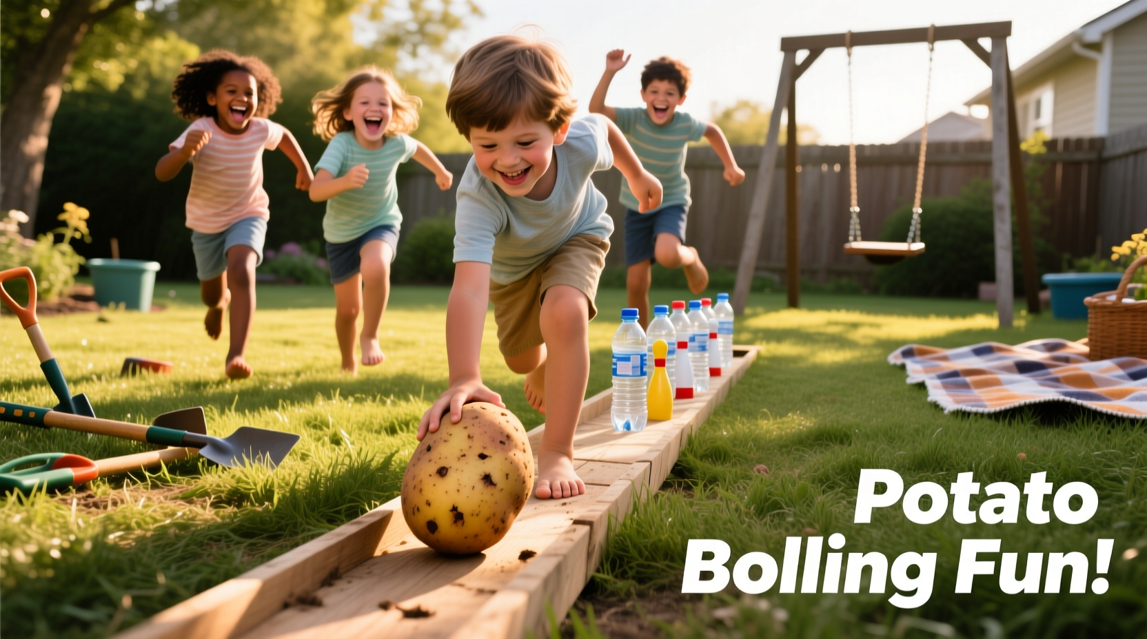 Children laughing while playing potato bowling in a backyard