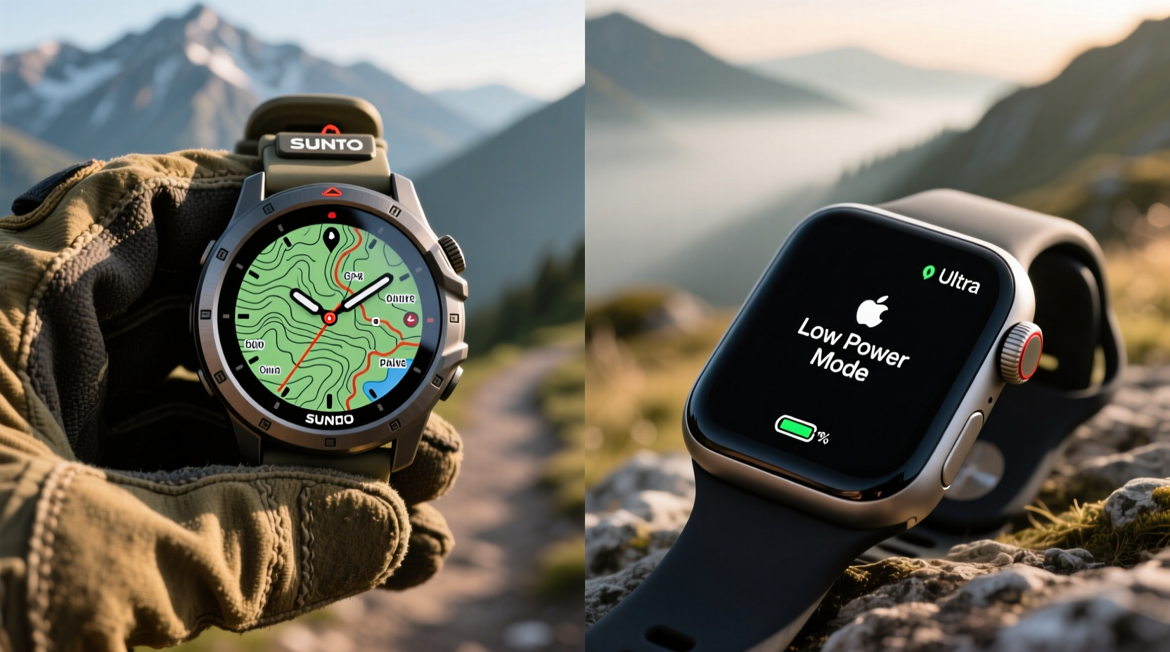 Side-by-side comparison showing Suunto Vertical mounted on a gloved hand with visible topographic map overlay, next to an Apple Watch Ultra dimmed and displaying 'Low Power Mode' alert