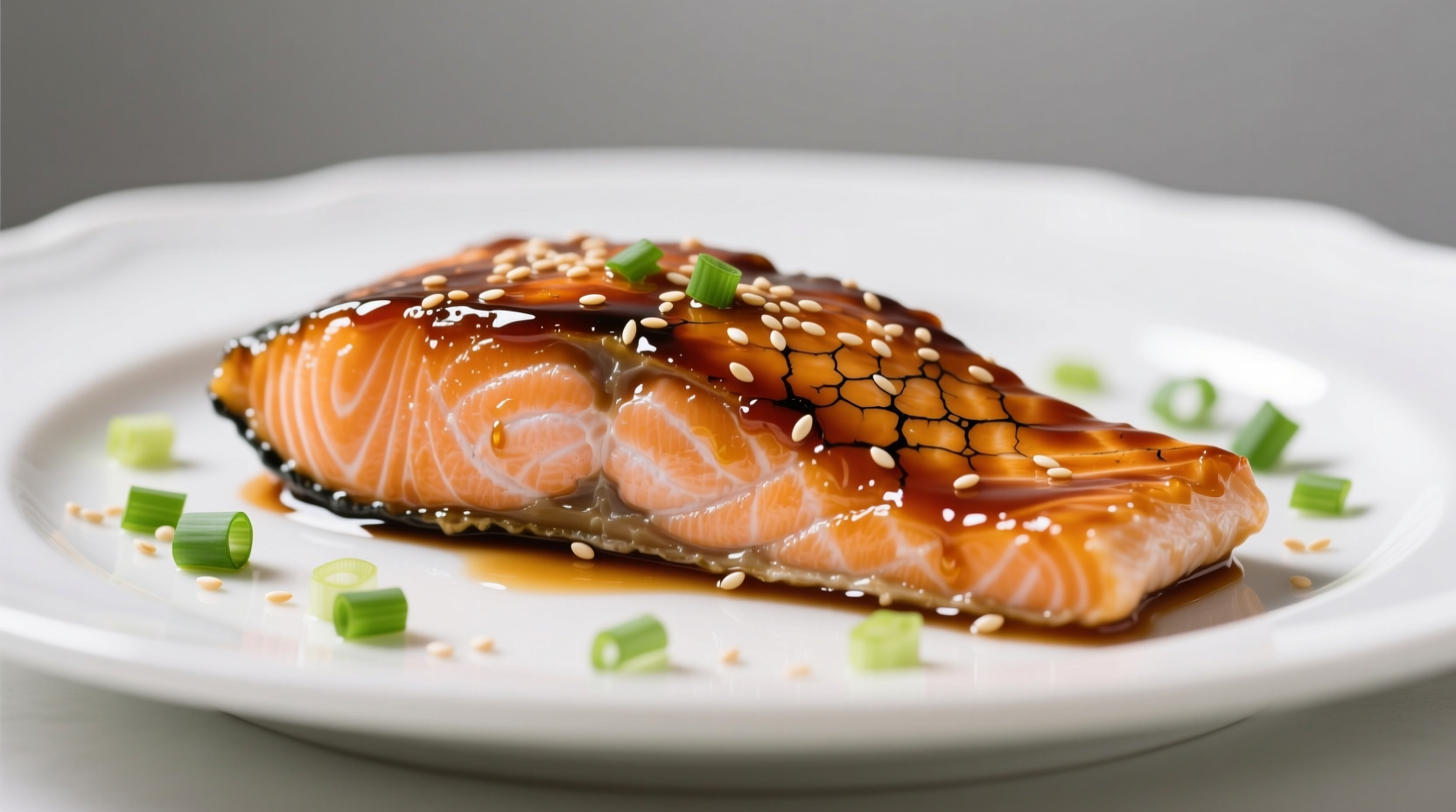 Perfectly glazed soy honey garlic salmon on white plate