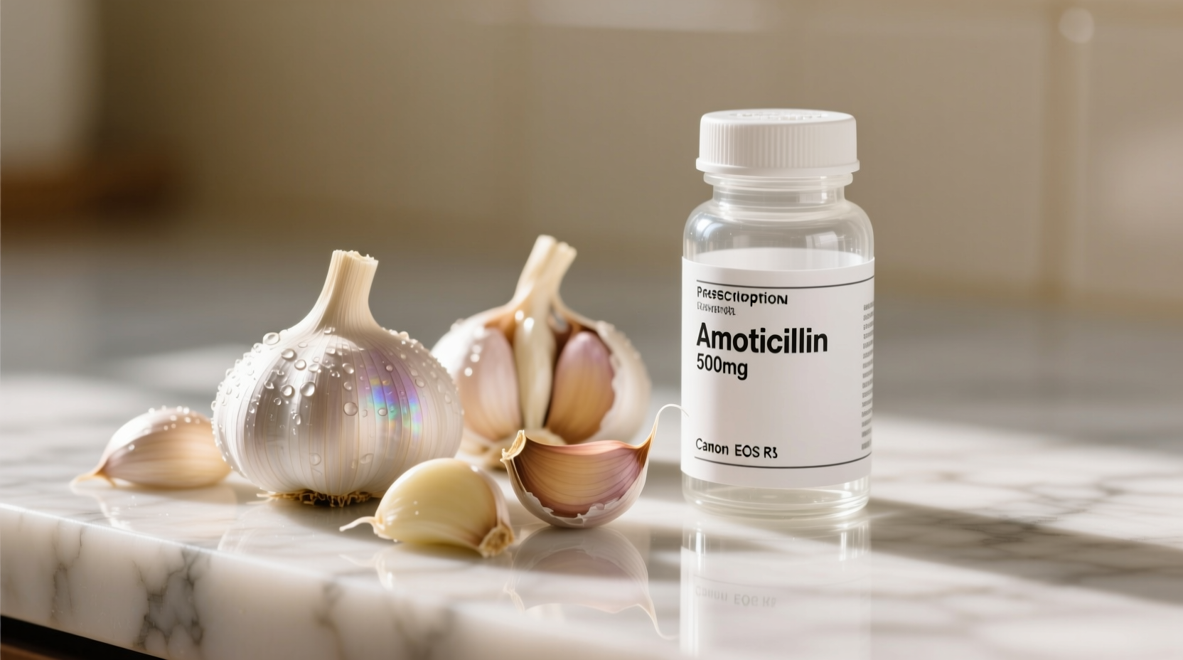 Garlic cloves beside medical prescription bottle