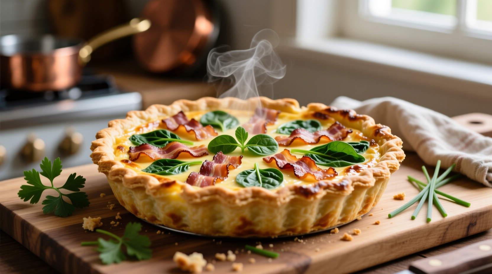 Spinach bacon quiche fresh from oven