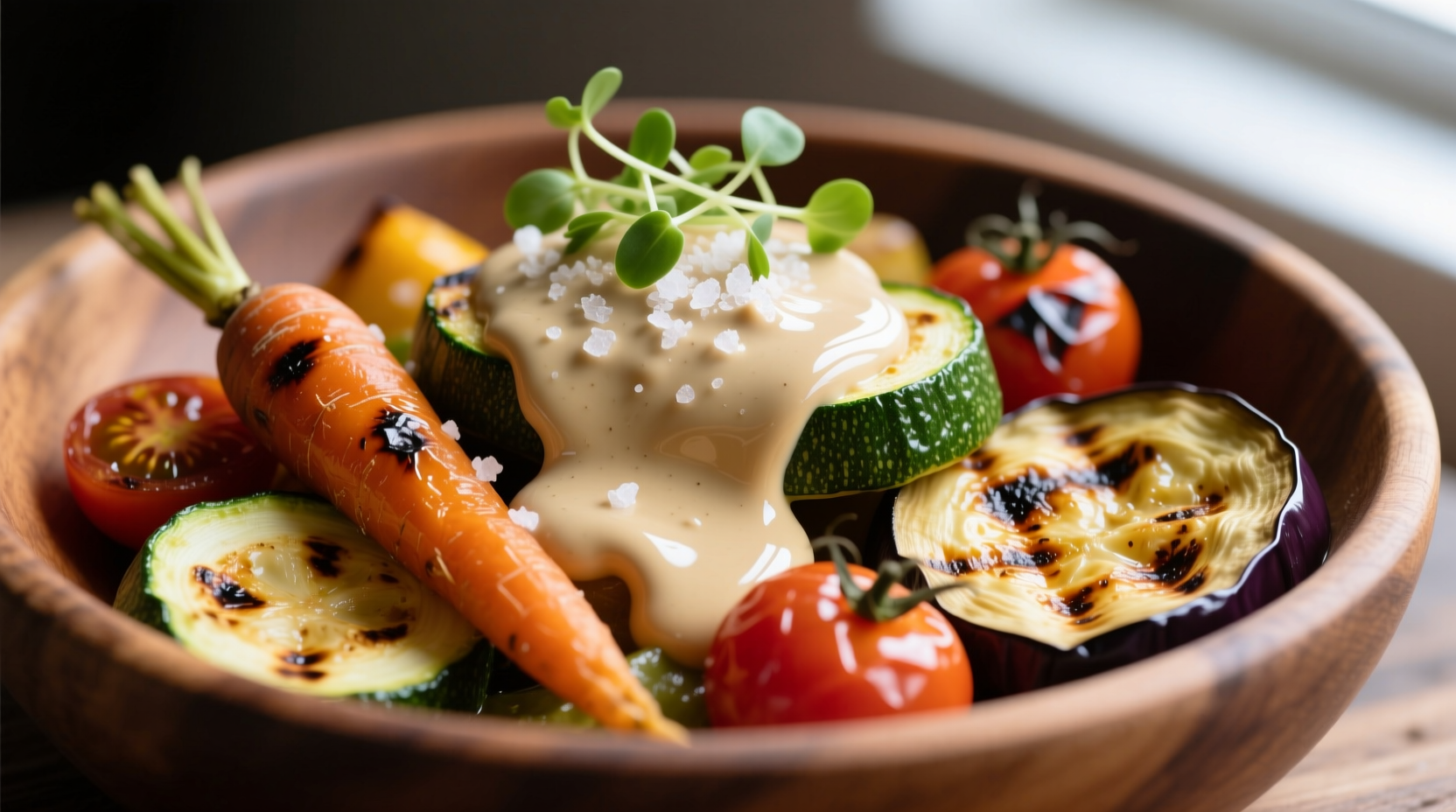 Creamy garlic tahini drizzled over roasted vegetables
