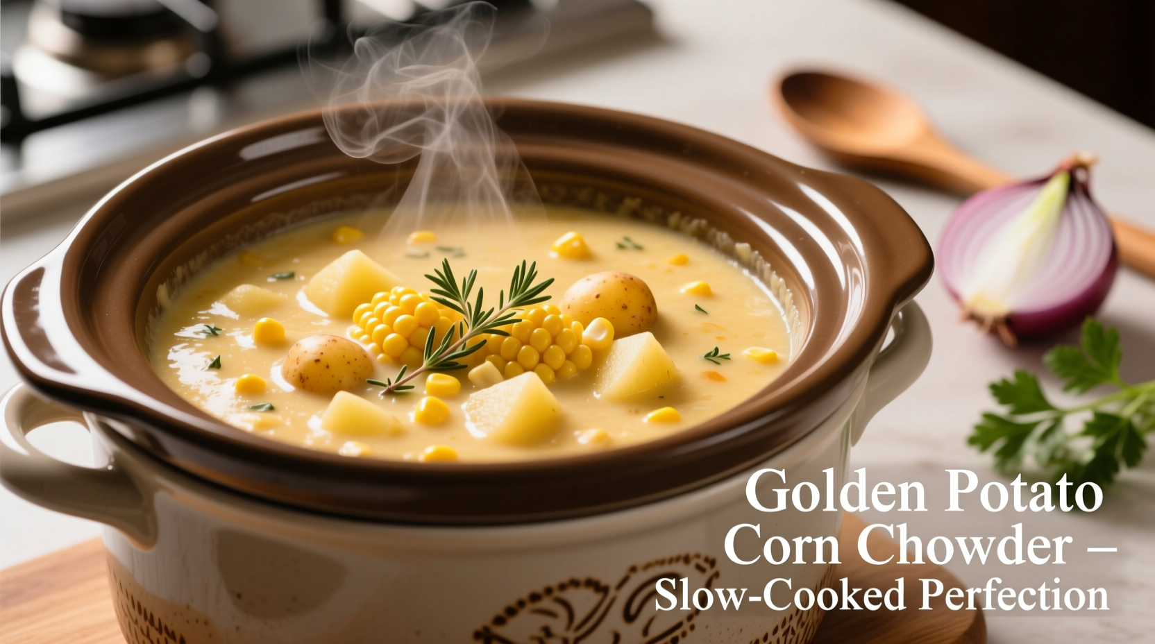 Slow cooker filled with golden potato corn chowder