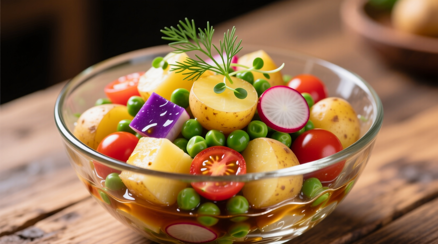 Colorful non-mayo potato salad in glass bowl