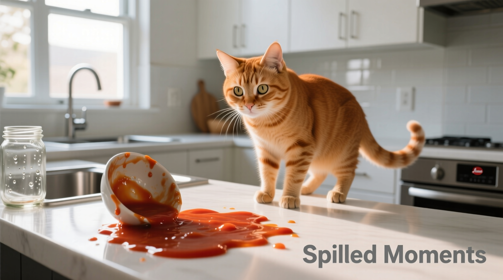 Cat looking at spilled tomato sauce on kitchen counter