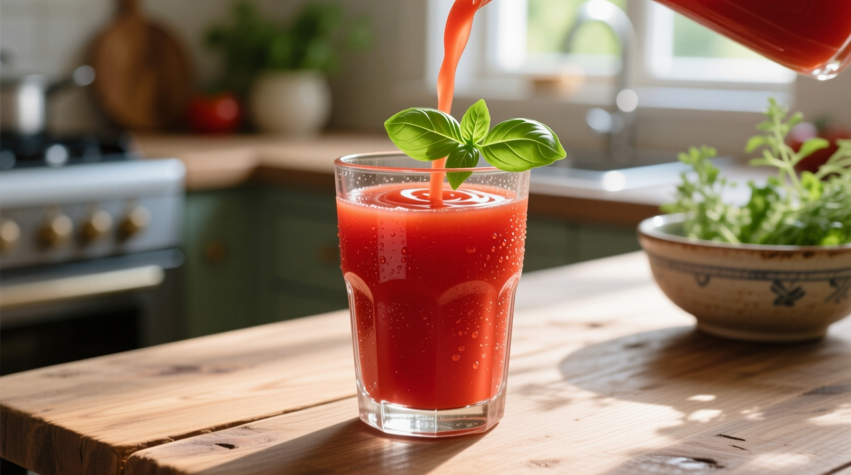 Fresh tomato juice in glass with basil garnish