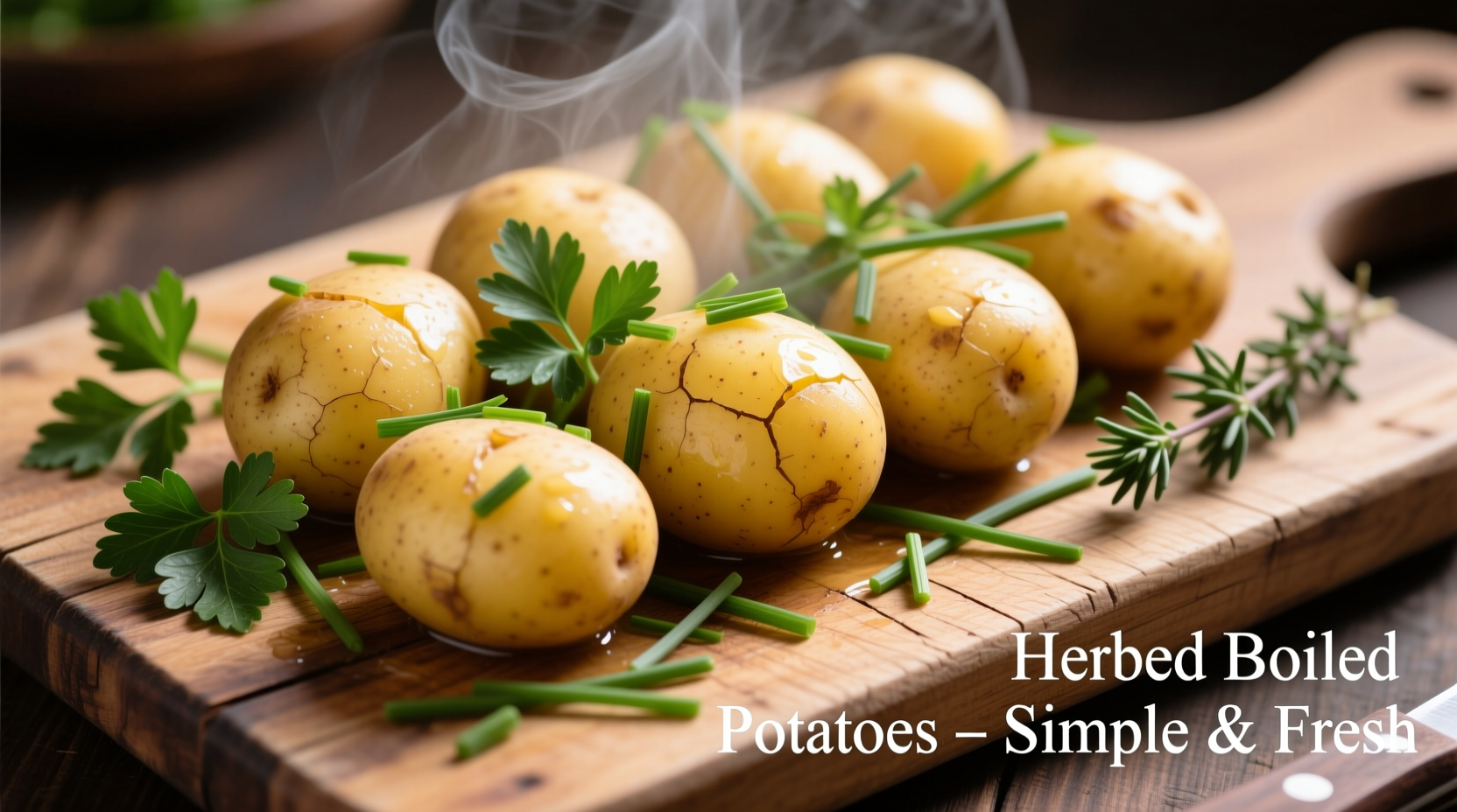 Boiled potatoes with herbs on wooden cutting board