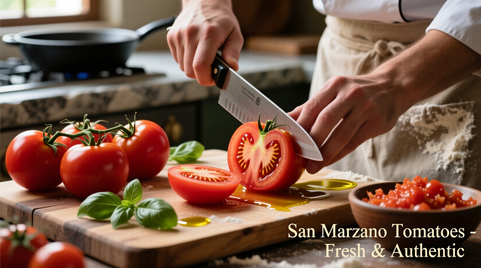 Fresh San Marzano tomatoes being prepared for pizza sauce