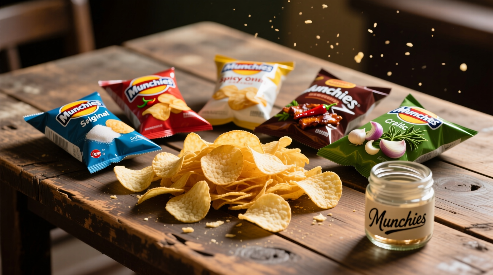 Assorted Munchies potato chips varieties on wooden table