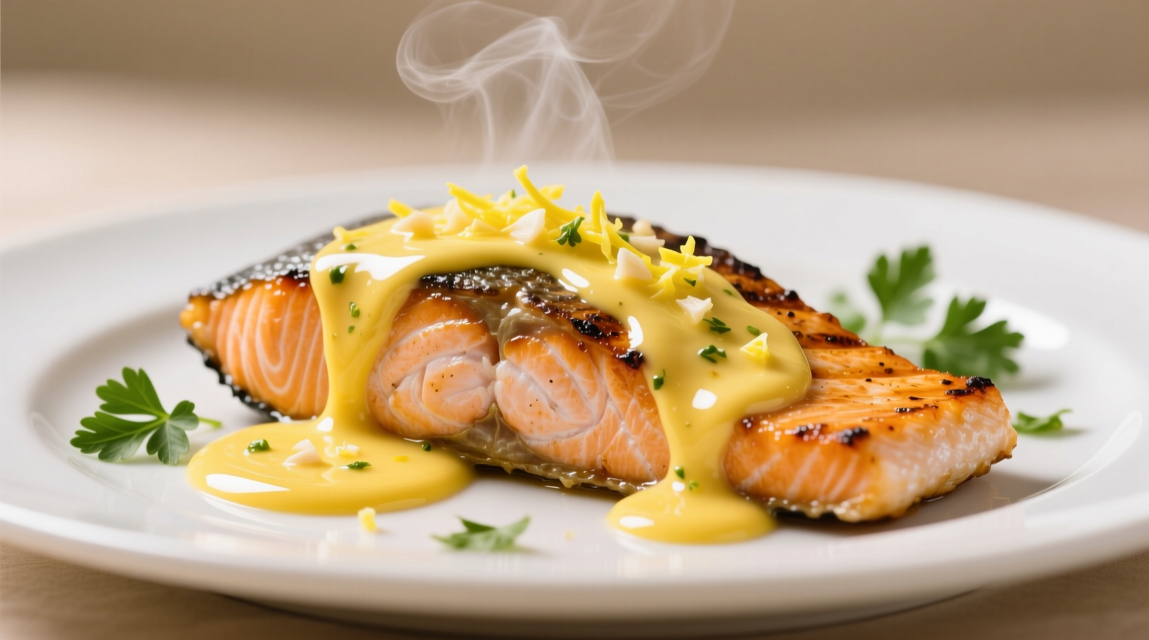 Fresh lemon garlic sauce drizzled over grilled salmon