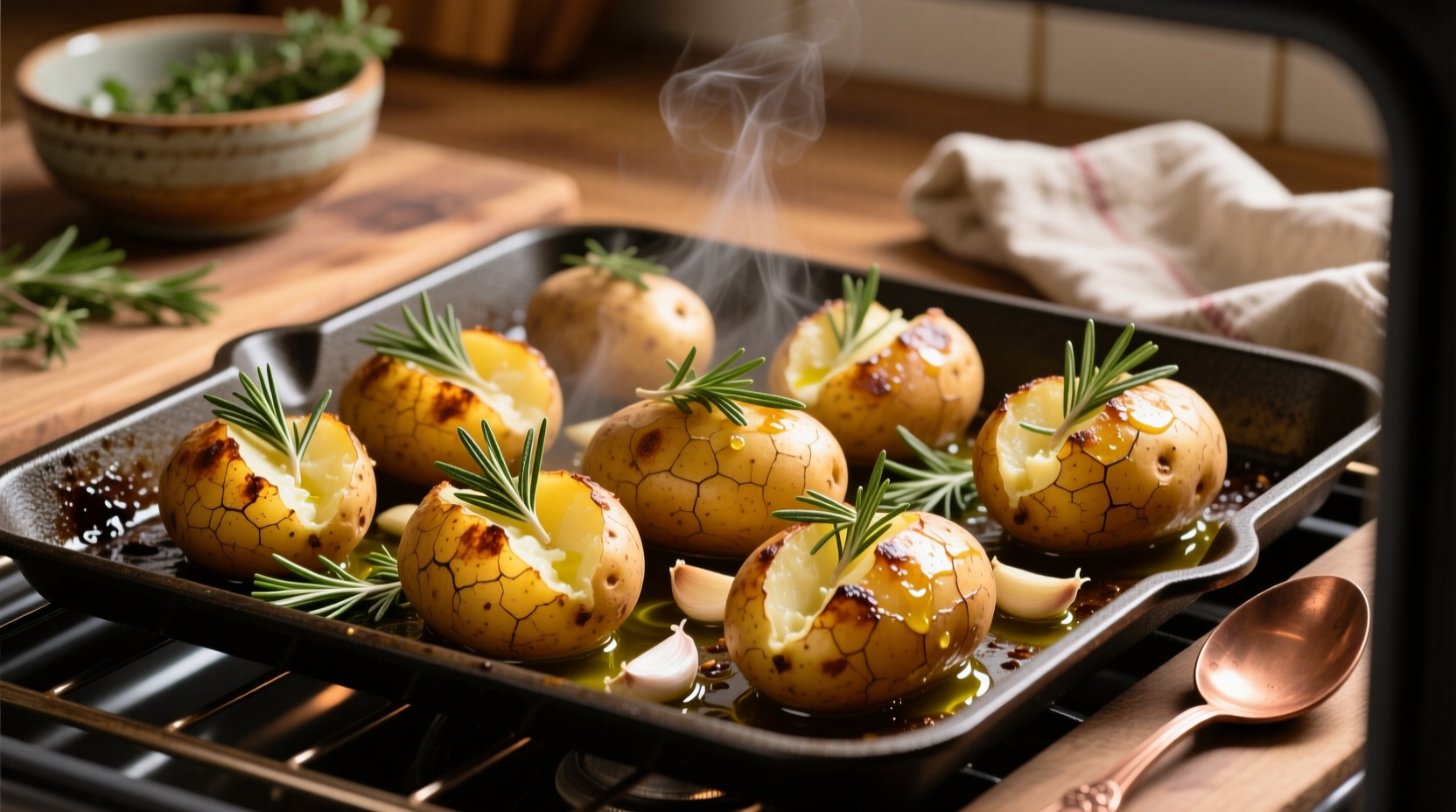 Golden Yukon potatoes roasting in oven with herbs