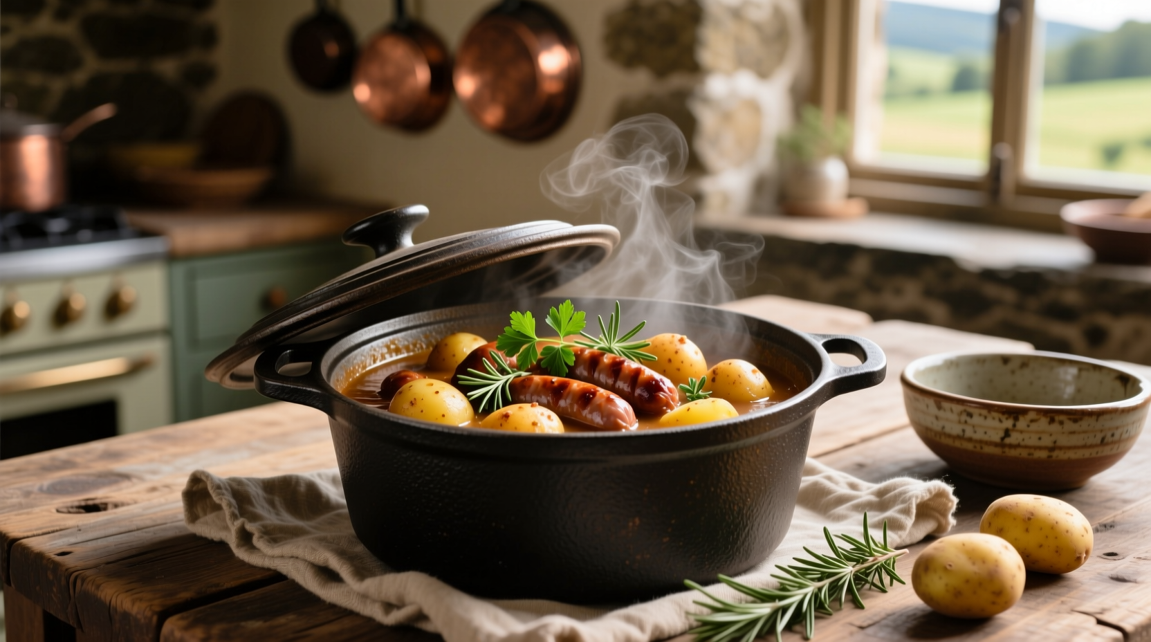 Sausage and potato stew in cast iron pot with fresh herbs