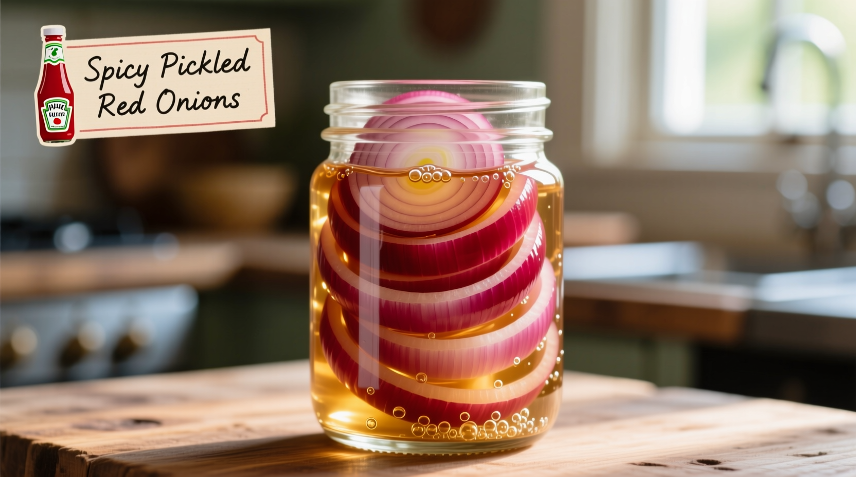 Crisp pickled red onions in glass jar