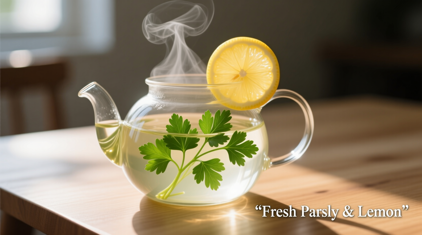 Fresh parsley steeping in glass teapot with lemon garnish