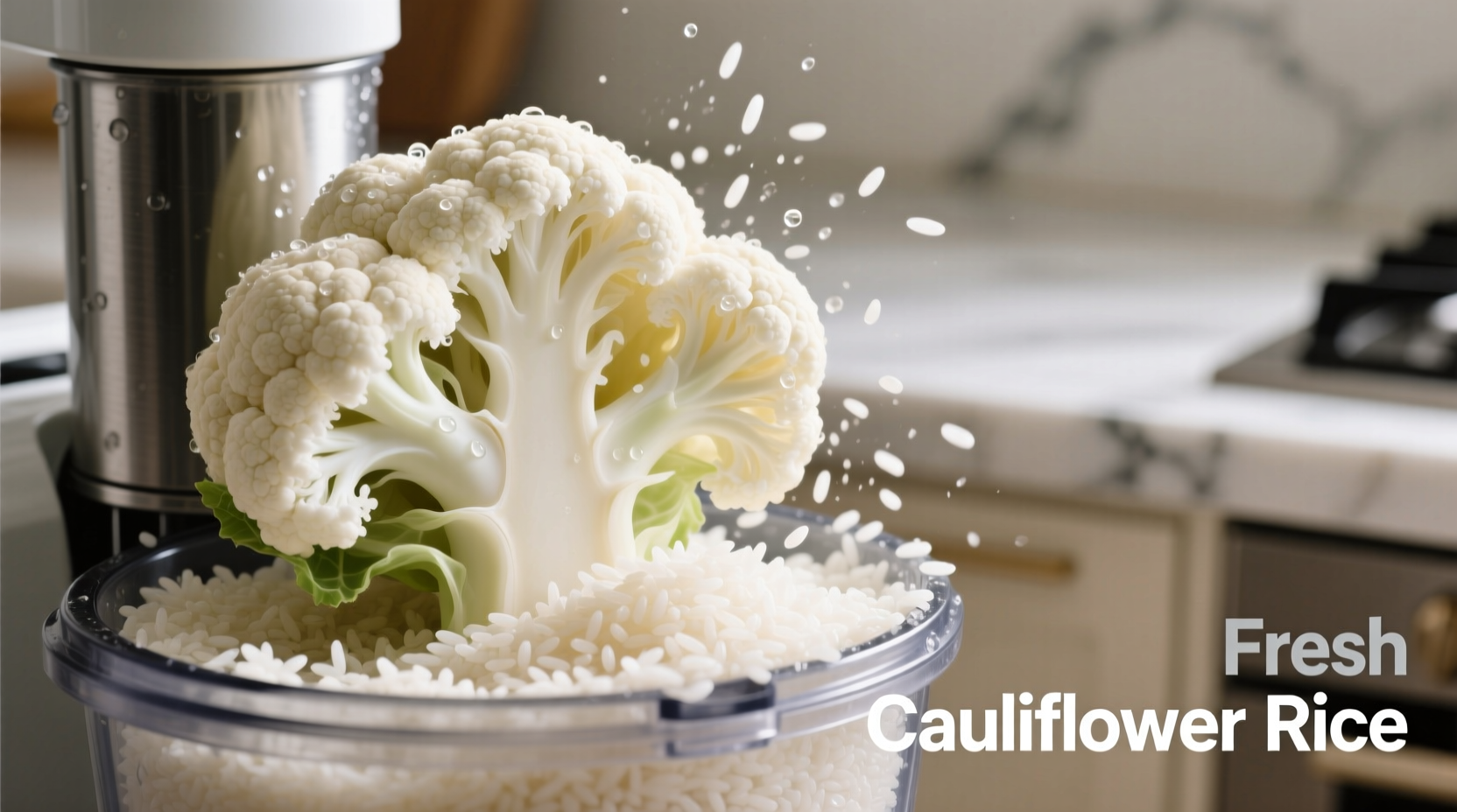 Fresh cauliflower florets being processed into rice grains