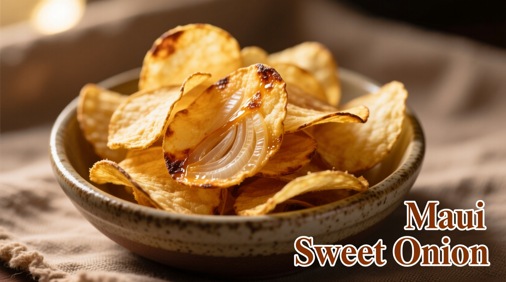 Crispy golden sweet Maui onion potato chips in a bowl