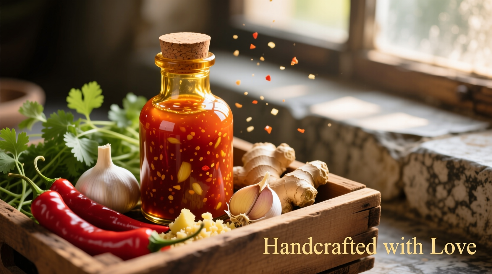 Golden garlic chili sauce in amber bottle with fresh ingredients