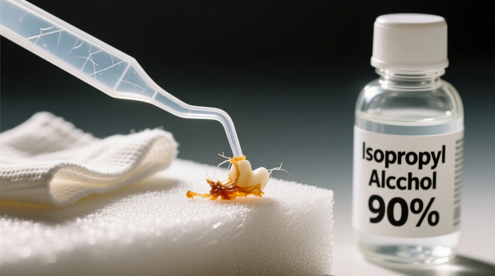Close-up of a plastic spudger lifting dried white glue from textured EVA foam armor, with a folded microfiber cloth and small bottle of isopropyl alcohol visible beside it