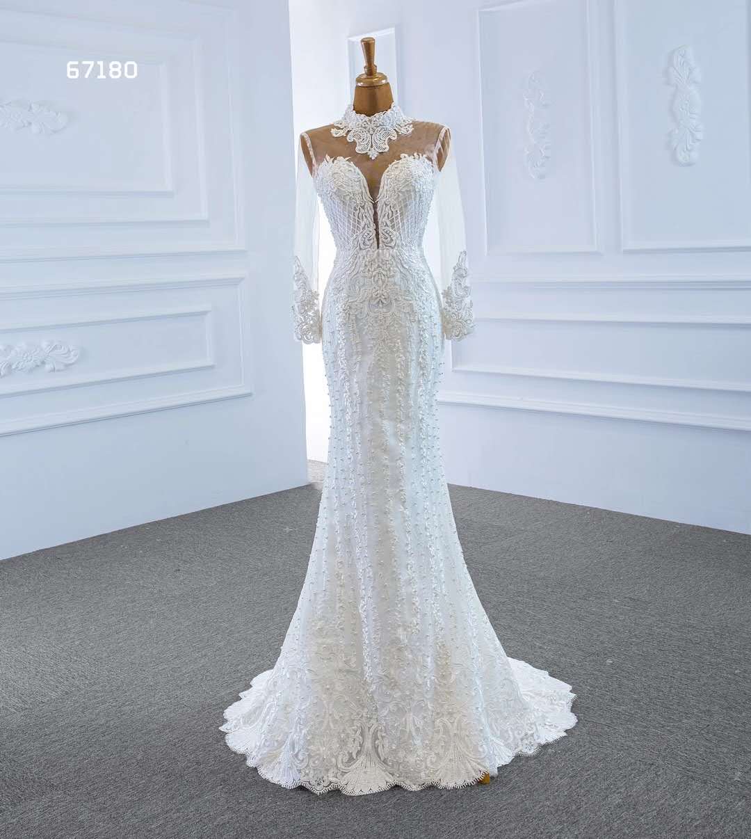 Mermaid/Trumpet long  sleeve lace high  neck  Muslim   pearls beaded with  detachable train wedding dress