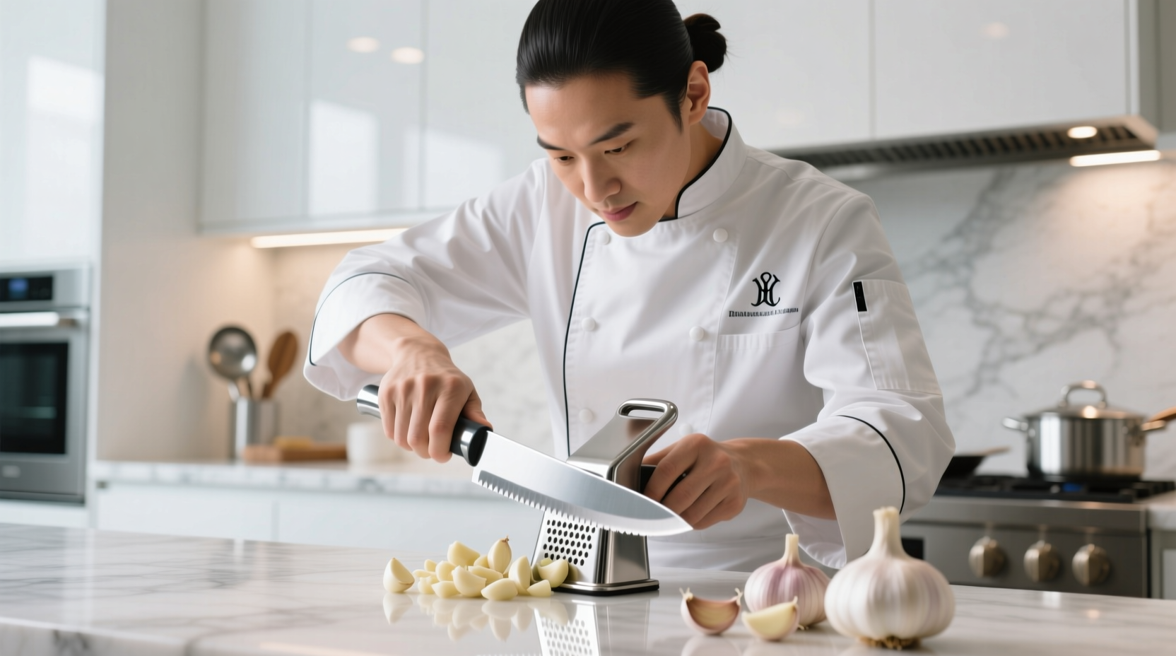Professional chef using rocker-style garlic mincing tool