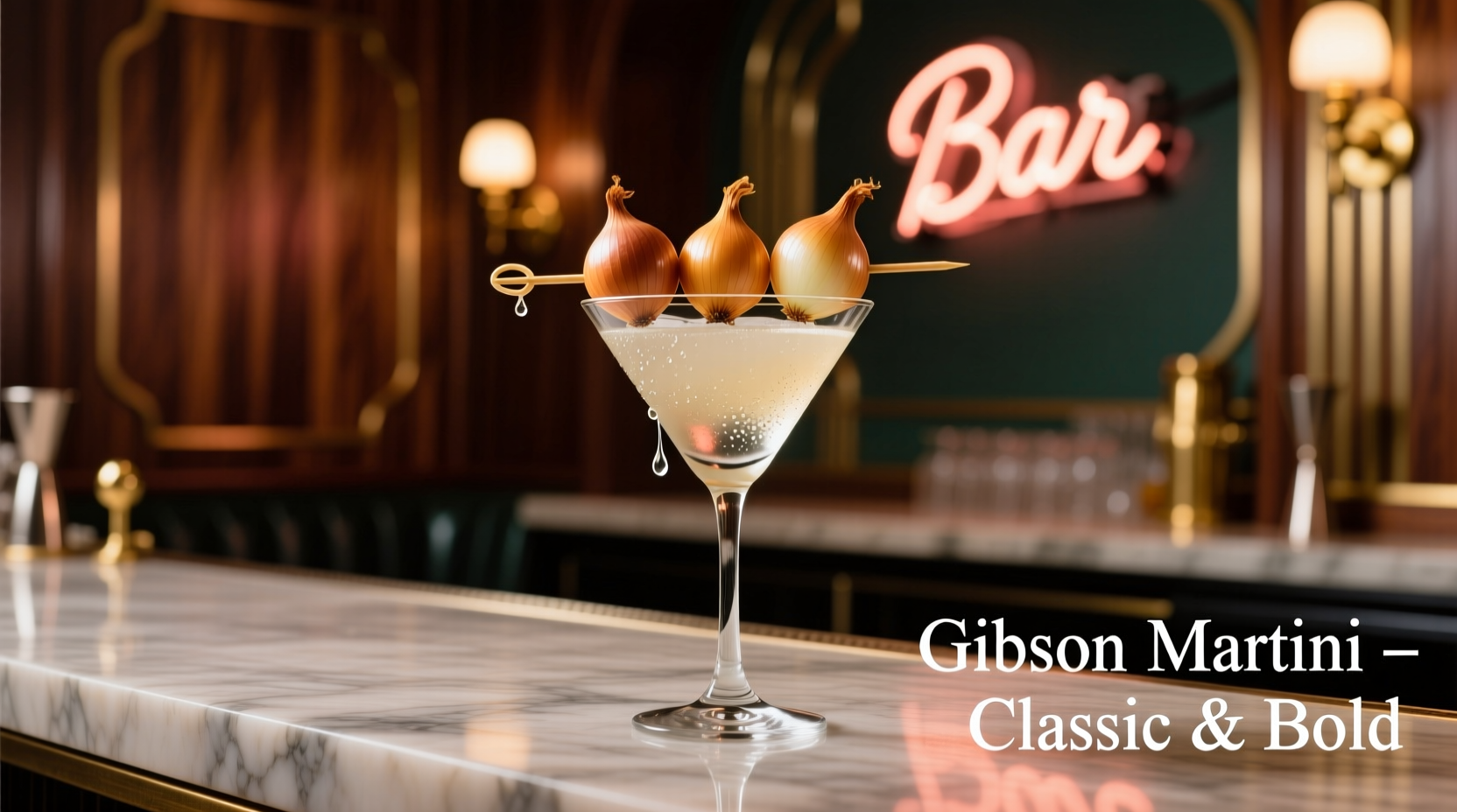 Classic Gibson martini in coupe glass with three cocktail onions