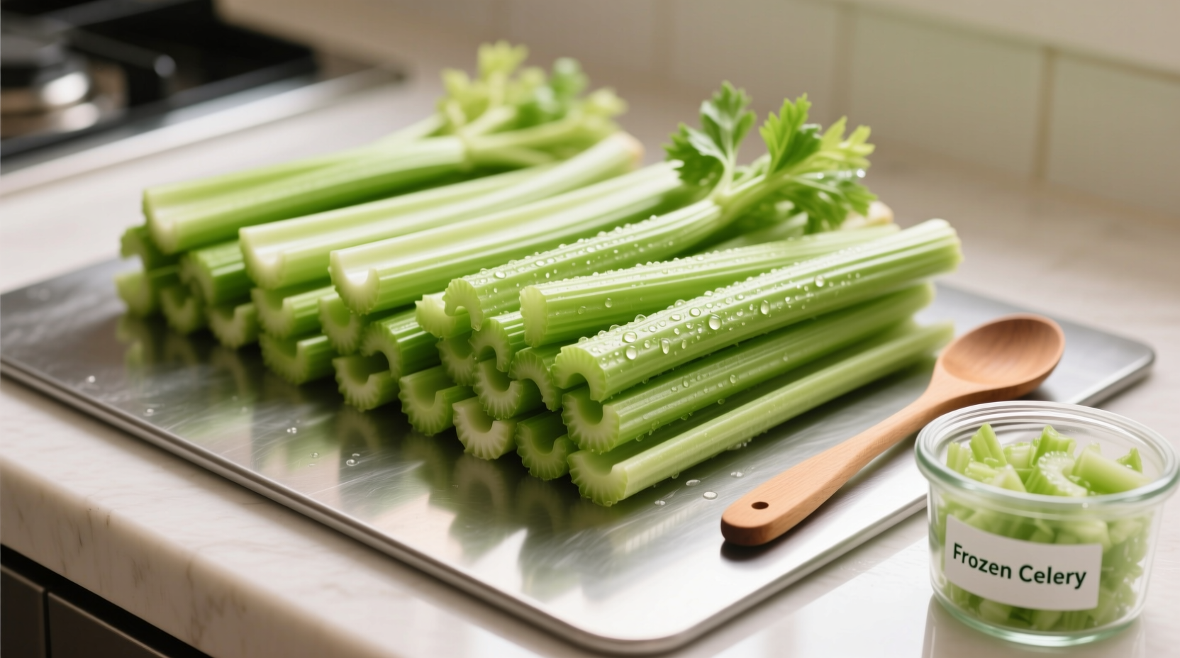 Fresh celery stalks being portioned for freezing
