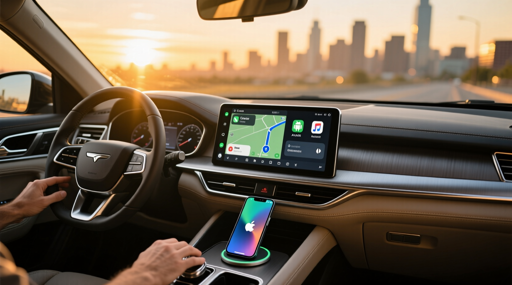 Installation view of a double-DIN car stereo being mounted into a dashboard with color-coded wiring harness