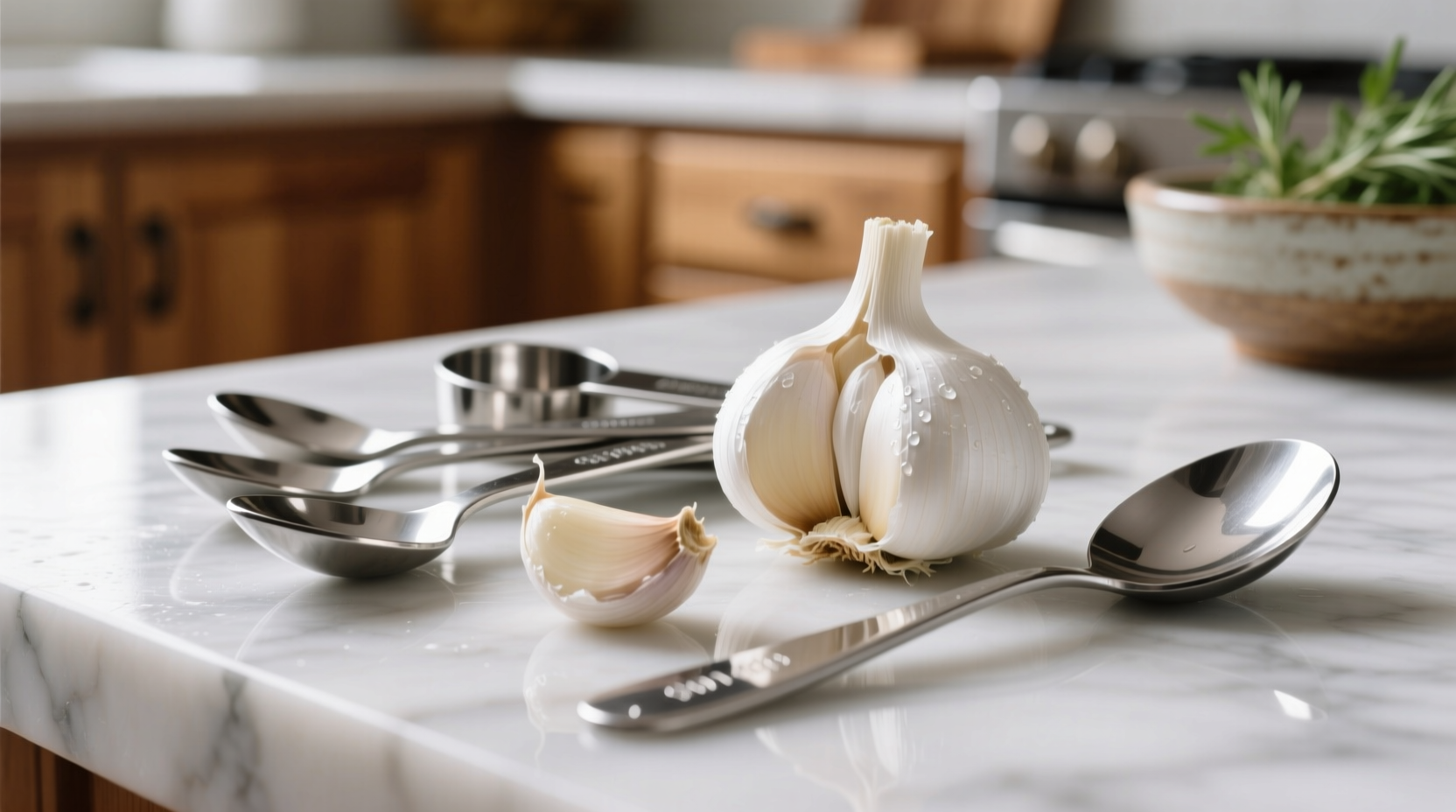 Two peeled garlic cloves next to measuring spoons