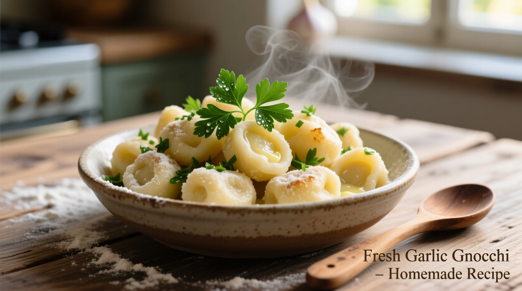 Homemade garlic gnocchi with fresh parsley garnish