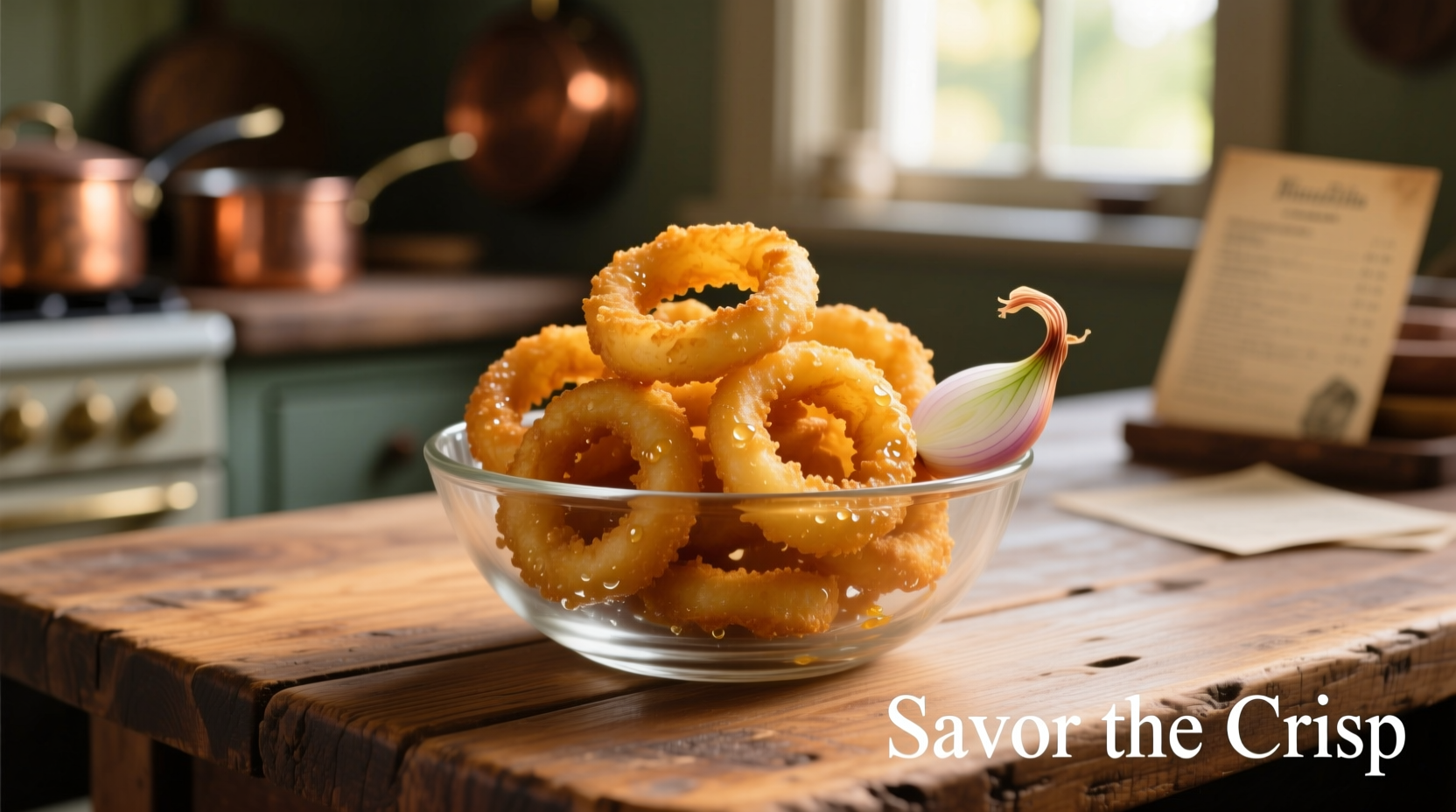Wise onion rings in a clear bowl on wooden table
