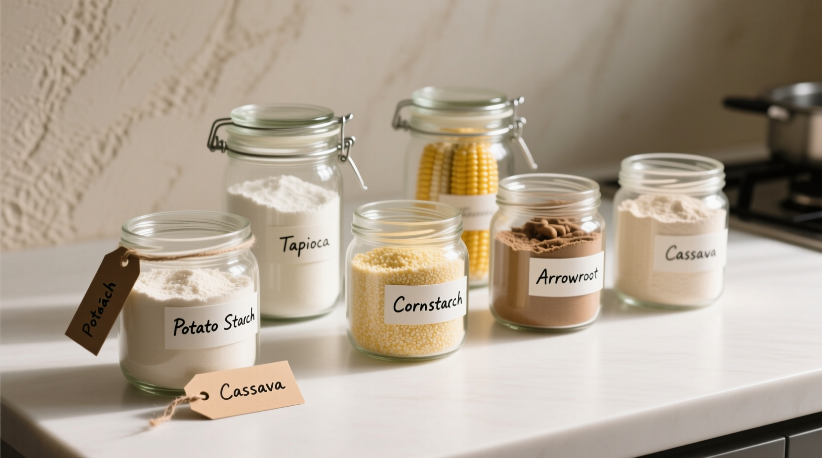 Various starch substitutes in glass jars