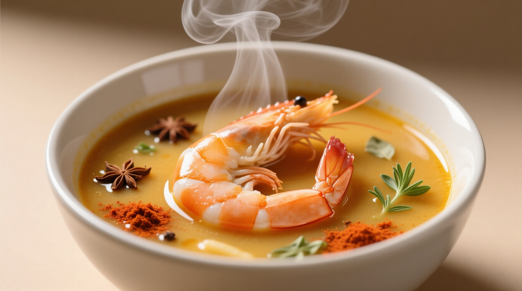 Shrimp cooking stages: raw (straight), perfectly cooked (C-shape at 125°F), overcooked (O-shape at 140°F) with spice pairing recommendations for each stage