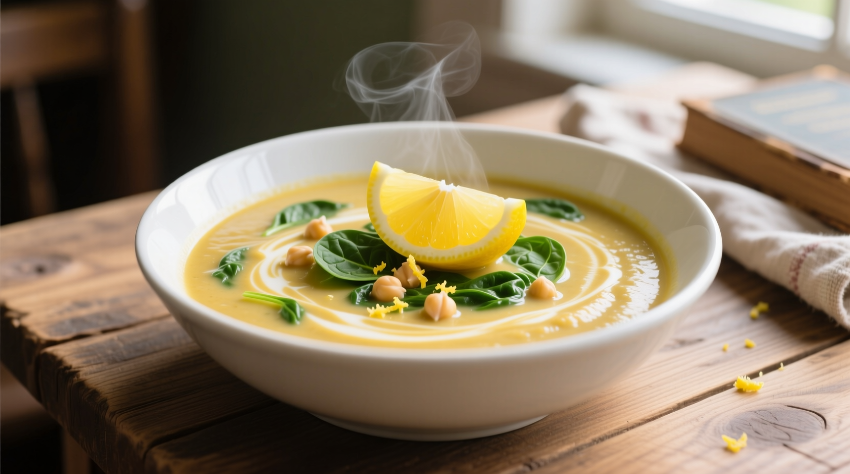 Creamy chickpea spinach soup in white bowl with lemon garnish