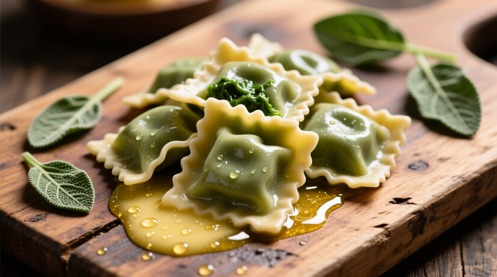 Fresh spinach ravioli on wooden board with sage butter