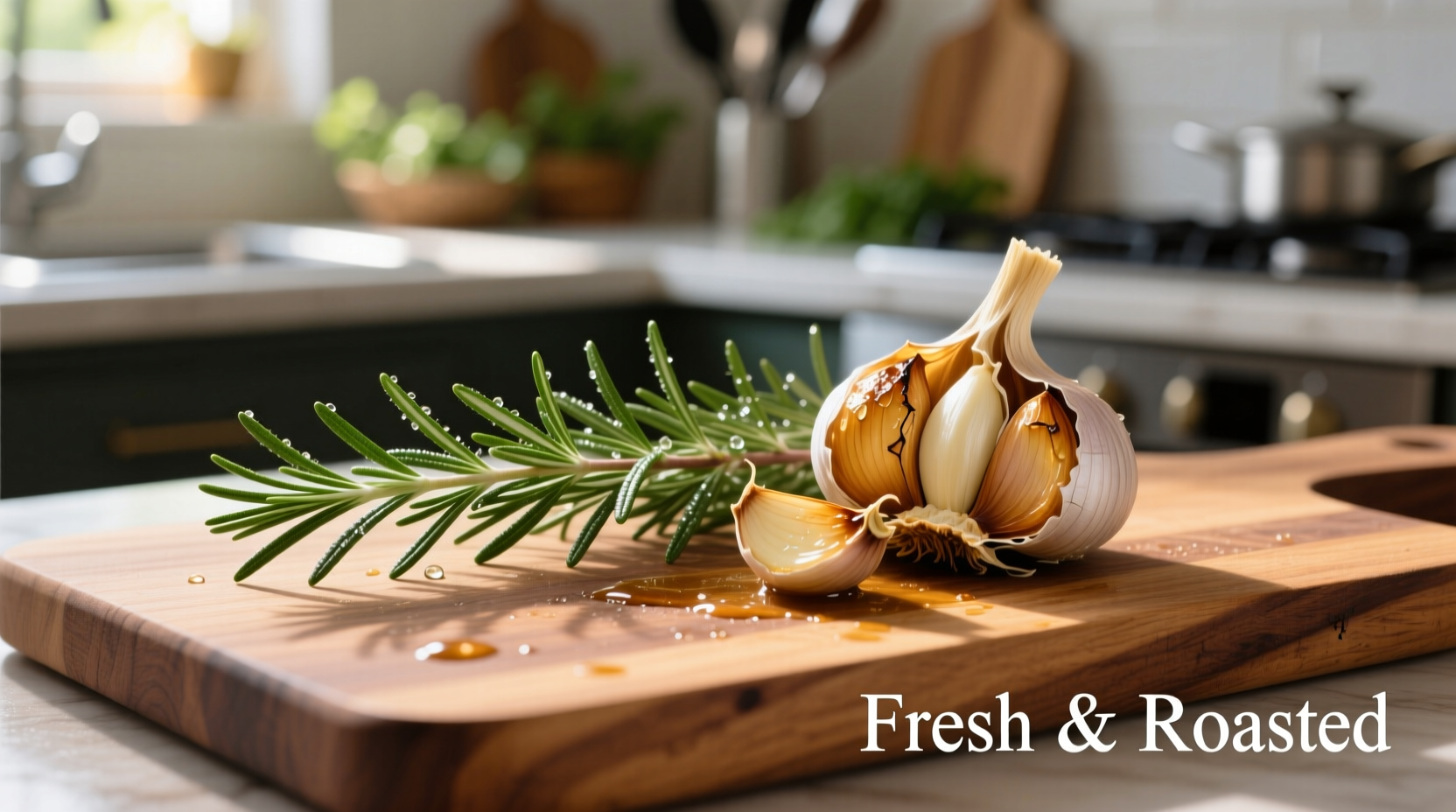 Fresh rosemary and roasted garlic on wooden cutting board