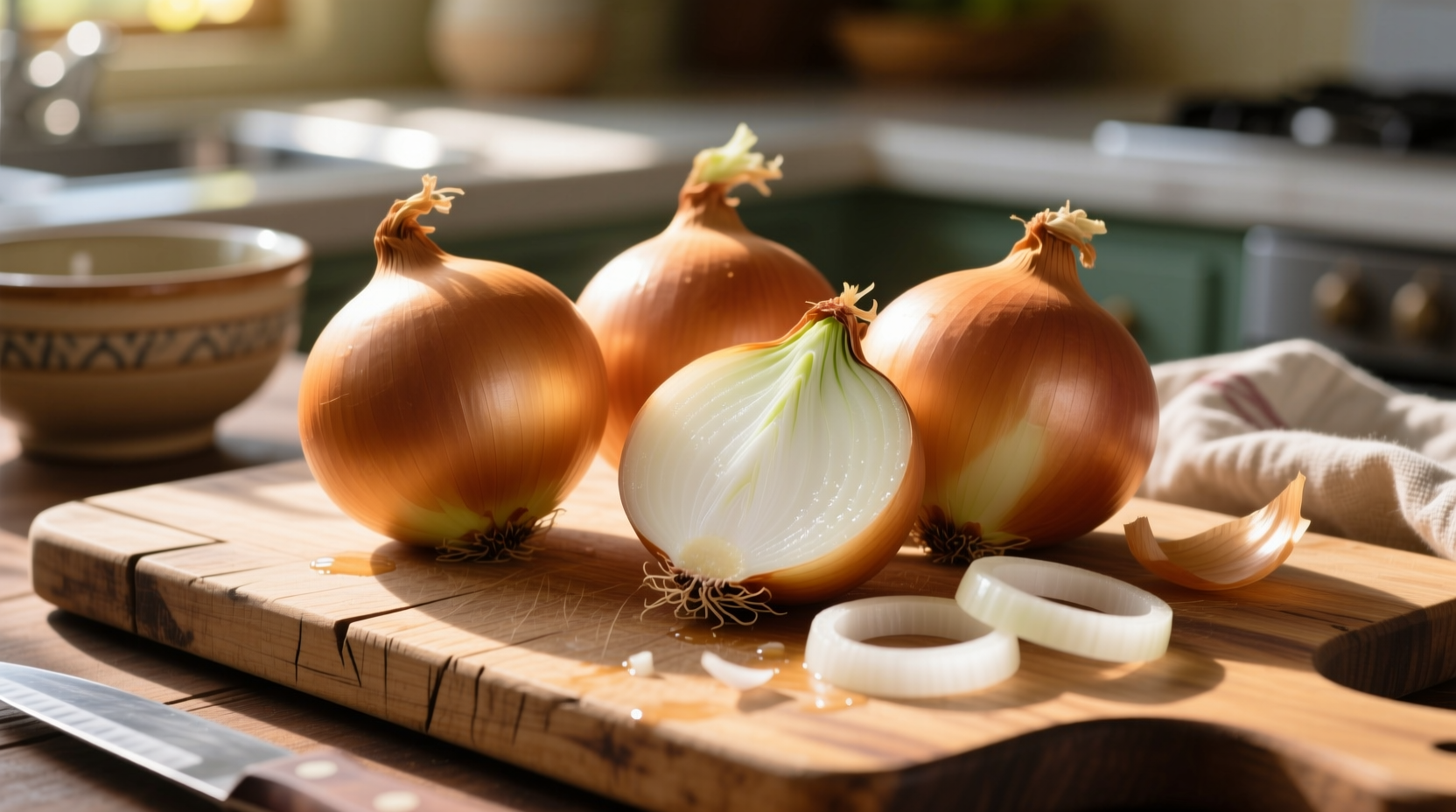 Fresh Maui sweet onions on wooden cutting board