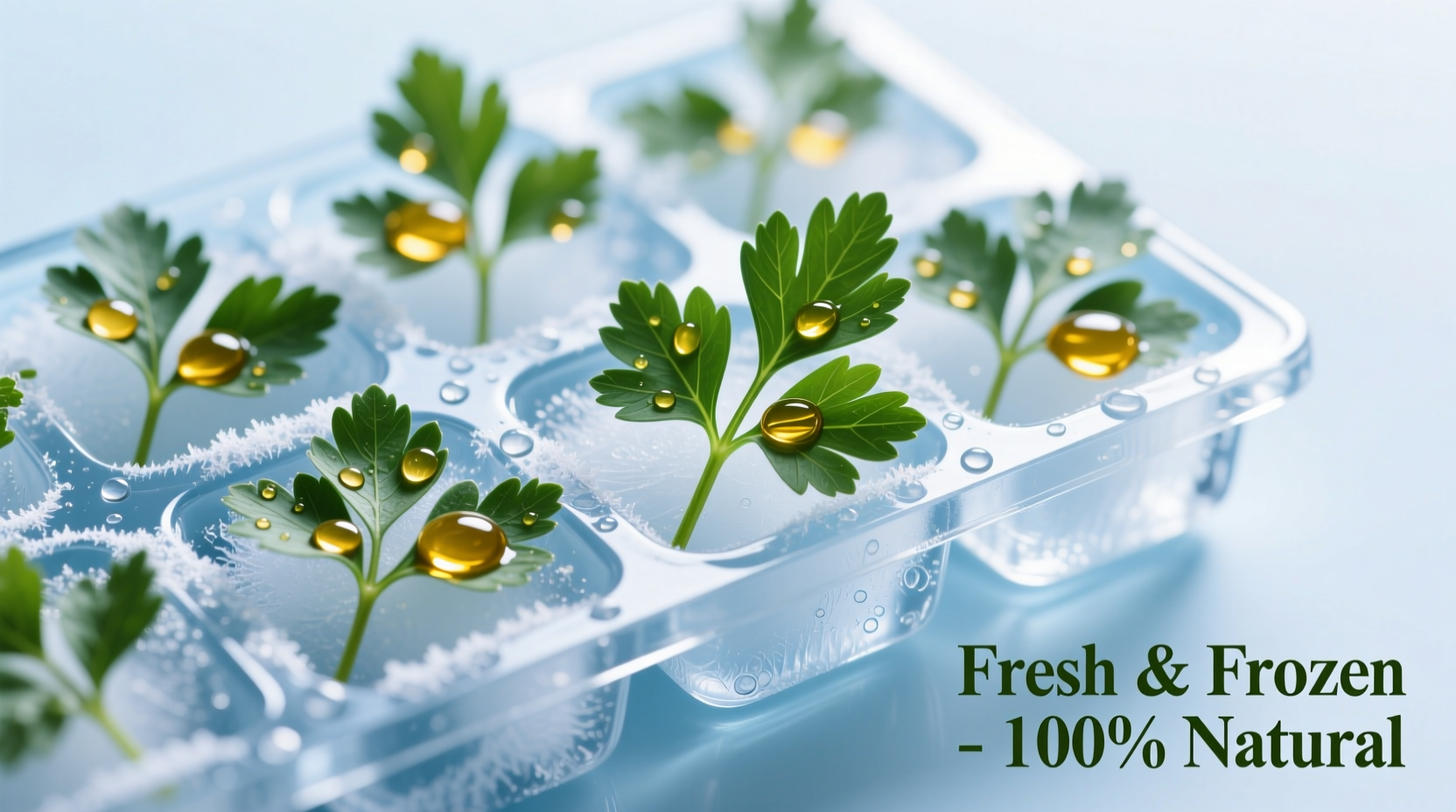 Fresh parsley being frozen in ice cube trays with olive oil