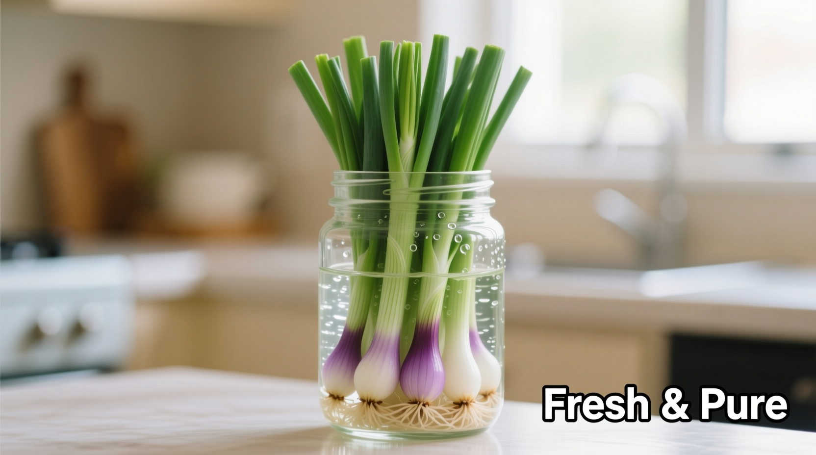 Fresh green onions stored in water in glass