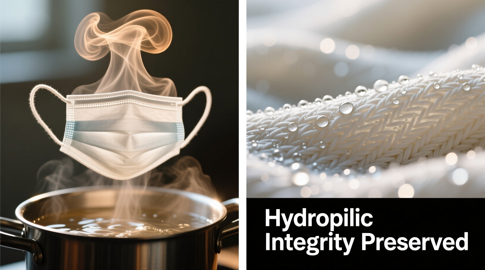 Side-by-side visual: left shows organic cotton mask suspended above simmering water with visible gentle steam rising; right shows close-up of intact, non-wrinkled cotton weave post-steam, with droplets beading lightly on surface indicating preserved hydrophilicity