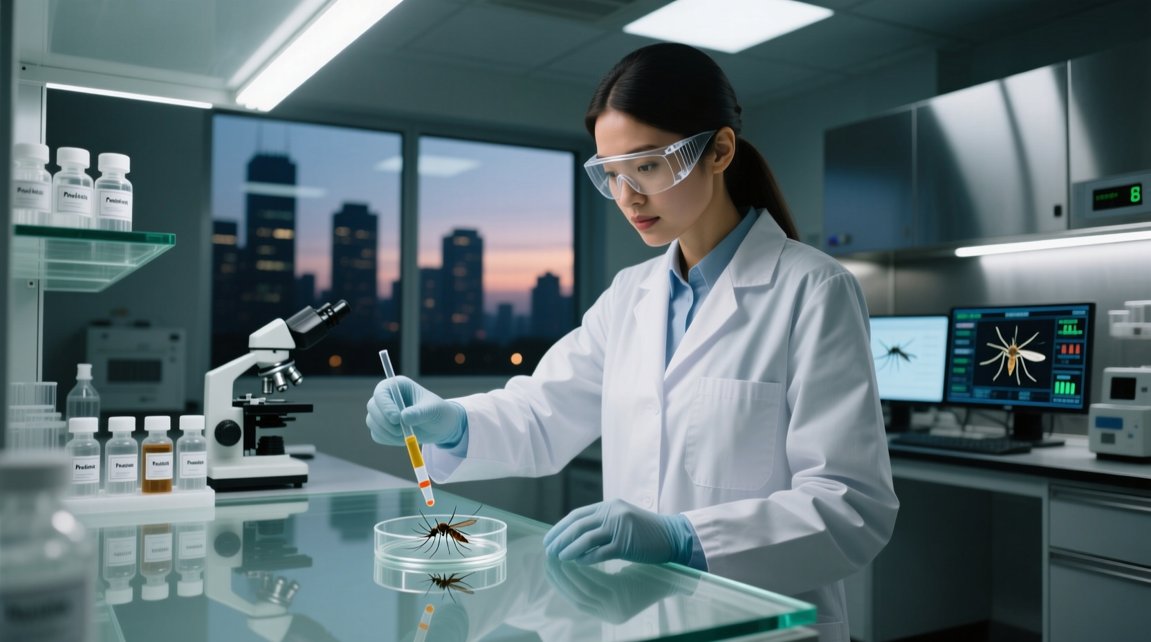 Scientist testing mosquito repellent effectiveness in laboratory