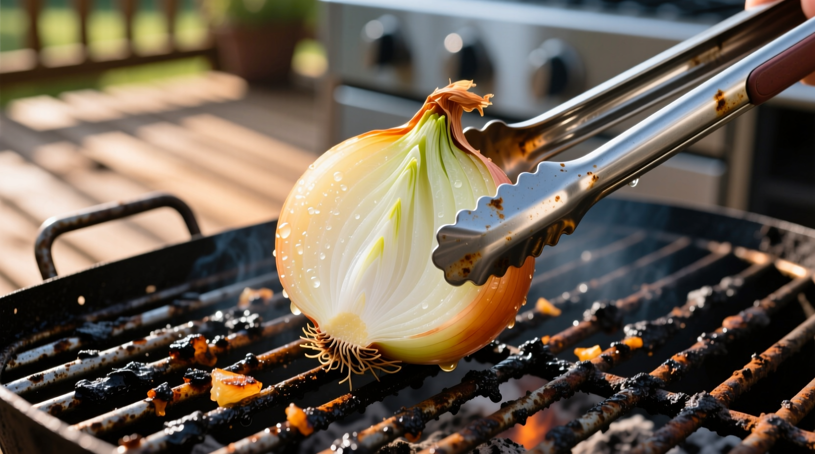 Onion half secured in tongs cleaning grill grates