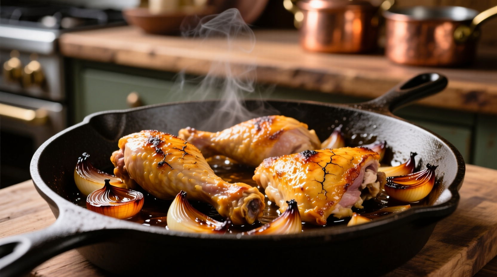 Golden chicken thighs with caramelized onions in cast iron skillet