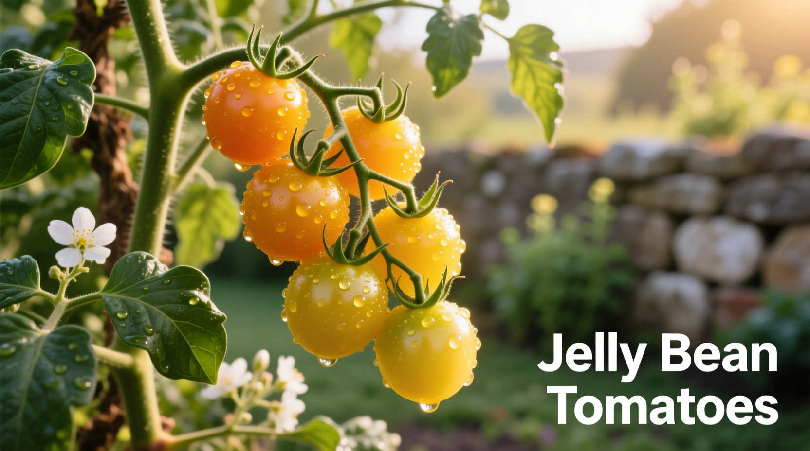 Ripe yellow jelly bean tomatoes on vine
