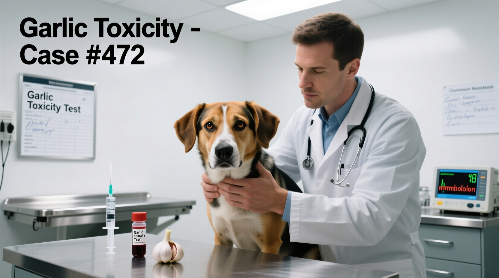 Veterinarian examining a dog showing garlic toxicity symptoms