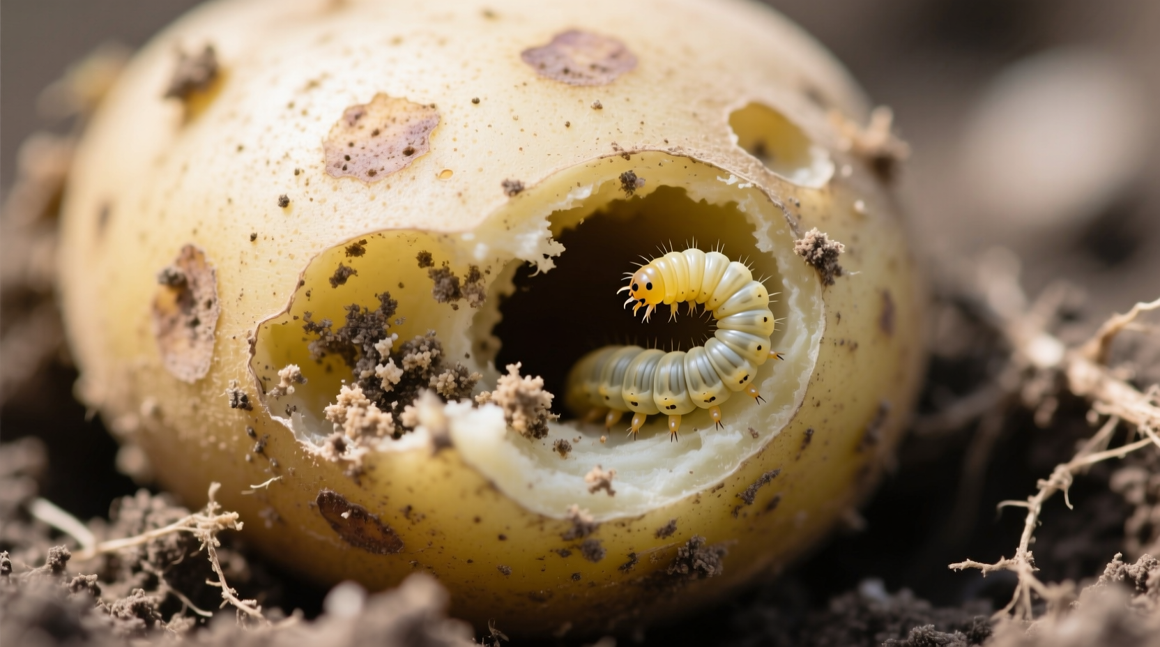 Close-up of potato tuberworm damage on potato tuber