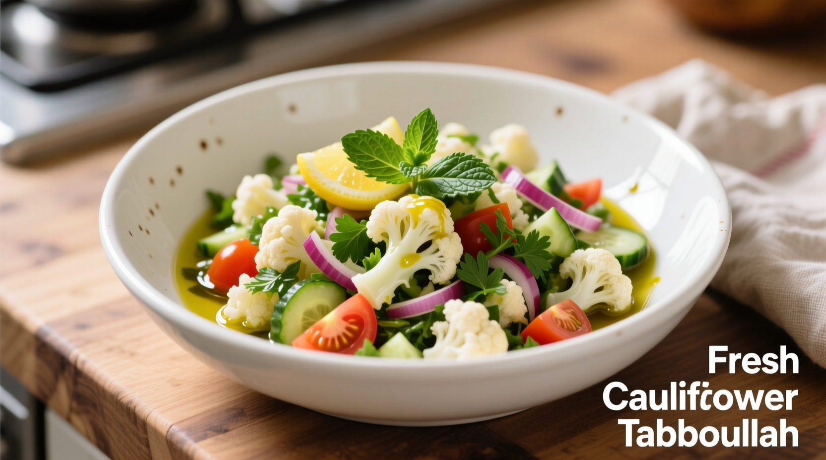 Fresh cauliflower tabbouleh salad in white bowl