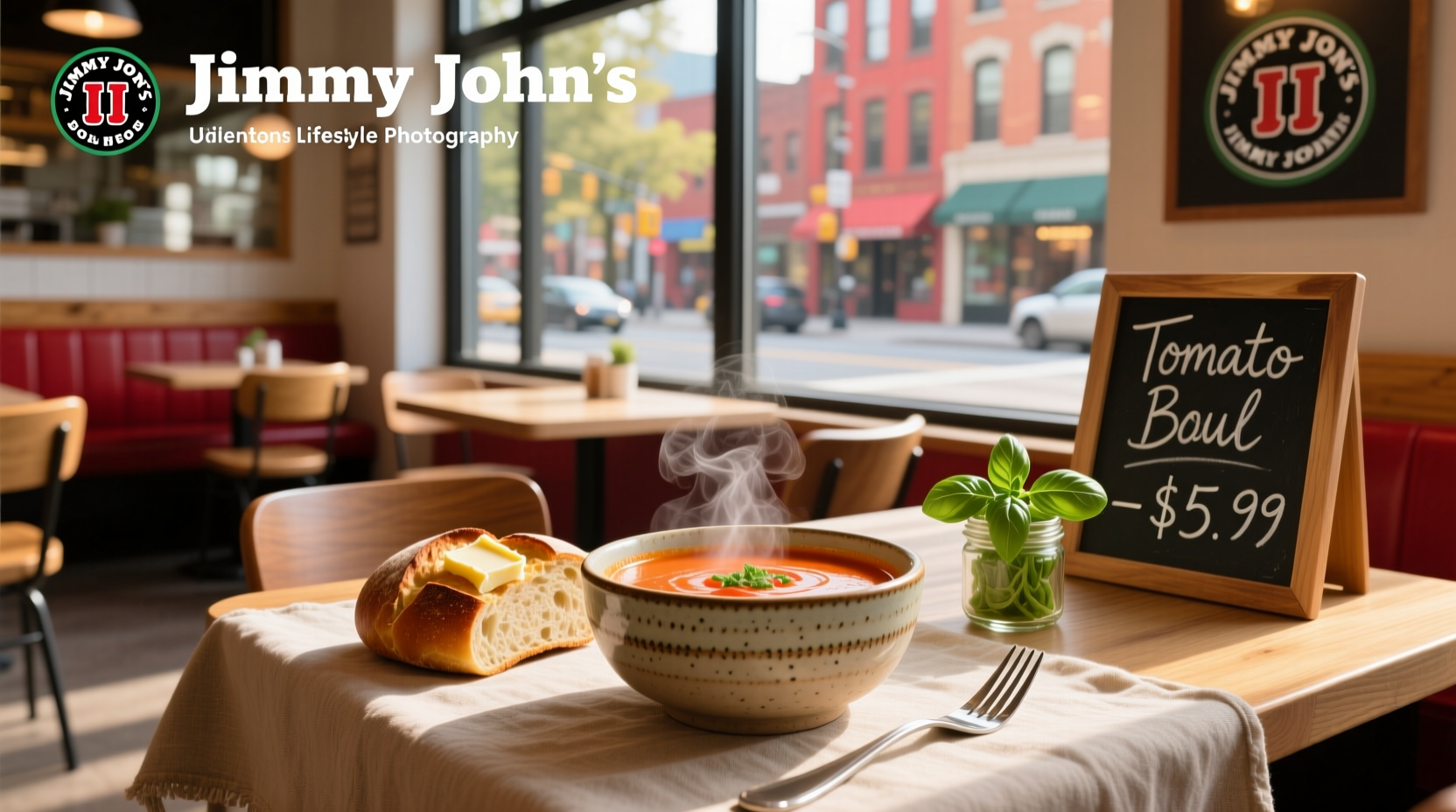 Jimmy John's restaurant counter with various menu items including the Kickin Ranch 'Soup'