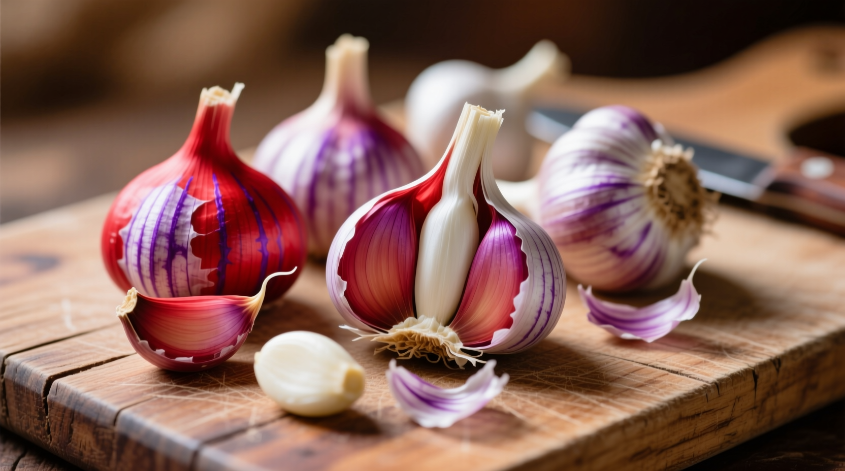 Fresh red garlic bulbs with purple streaks on wooden cutting board