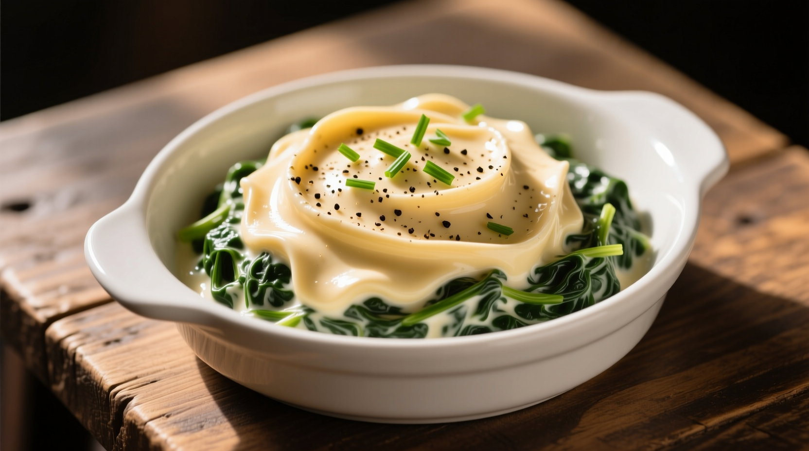 Creamed spinach with cream cheese in white serving dish