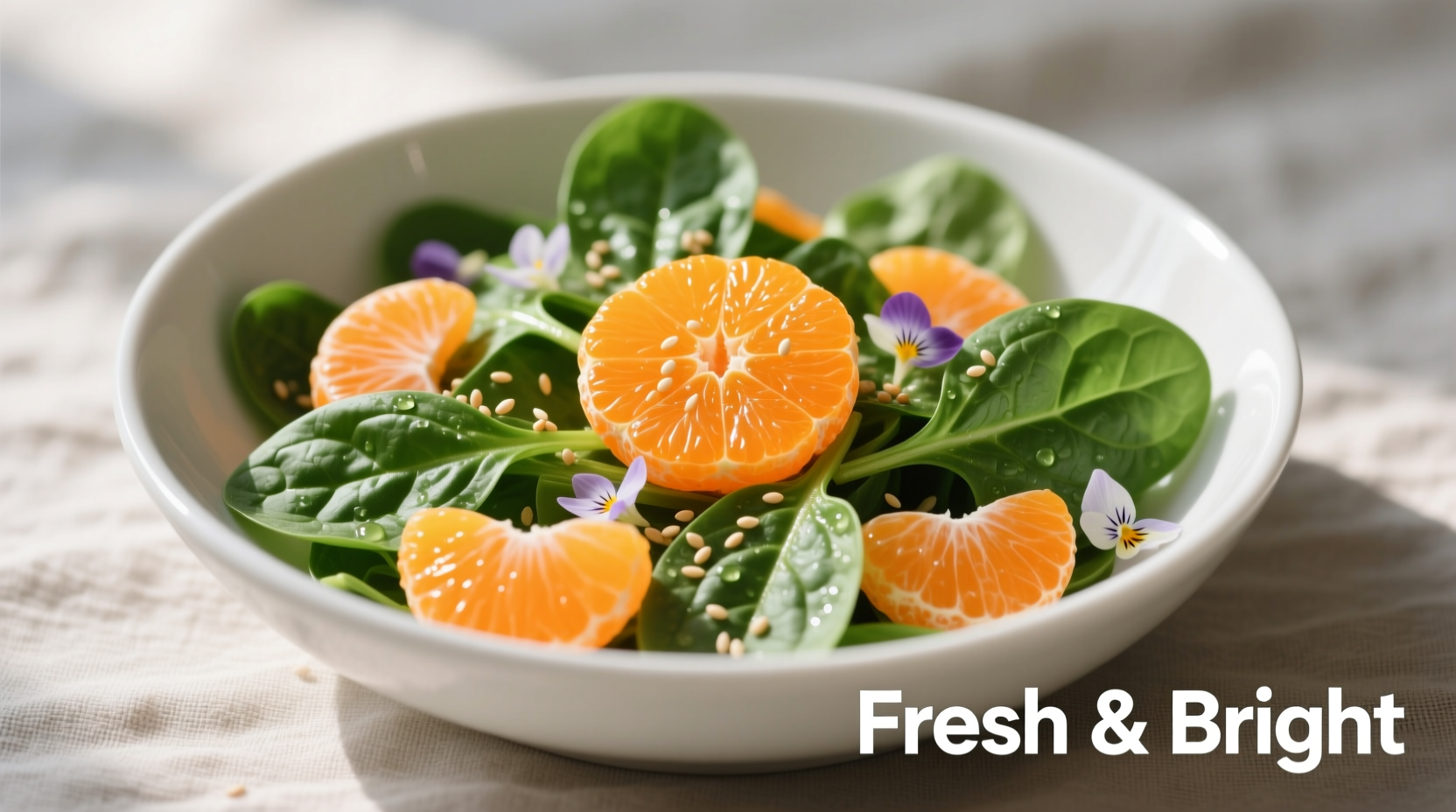 Fresh spinach and mandarin orange salad in white bowl